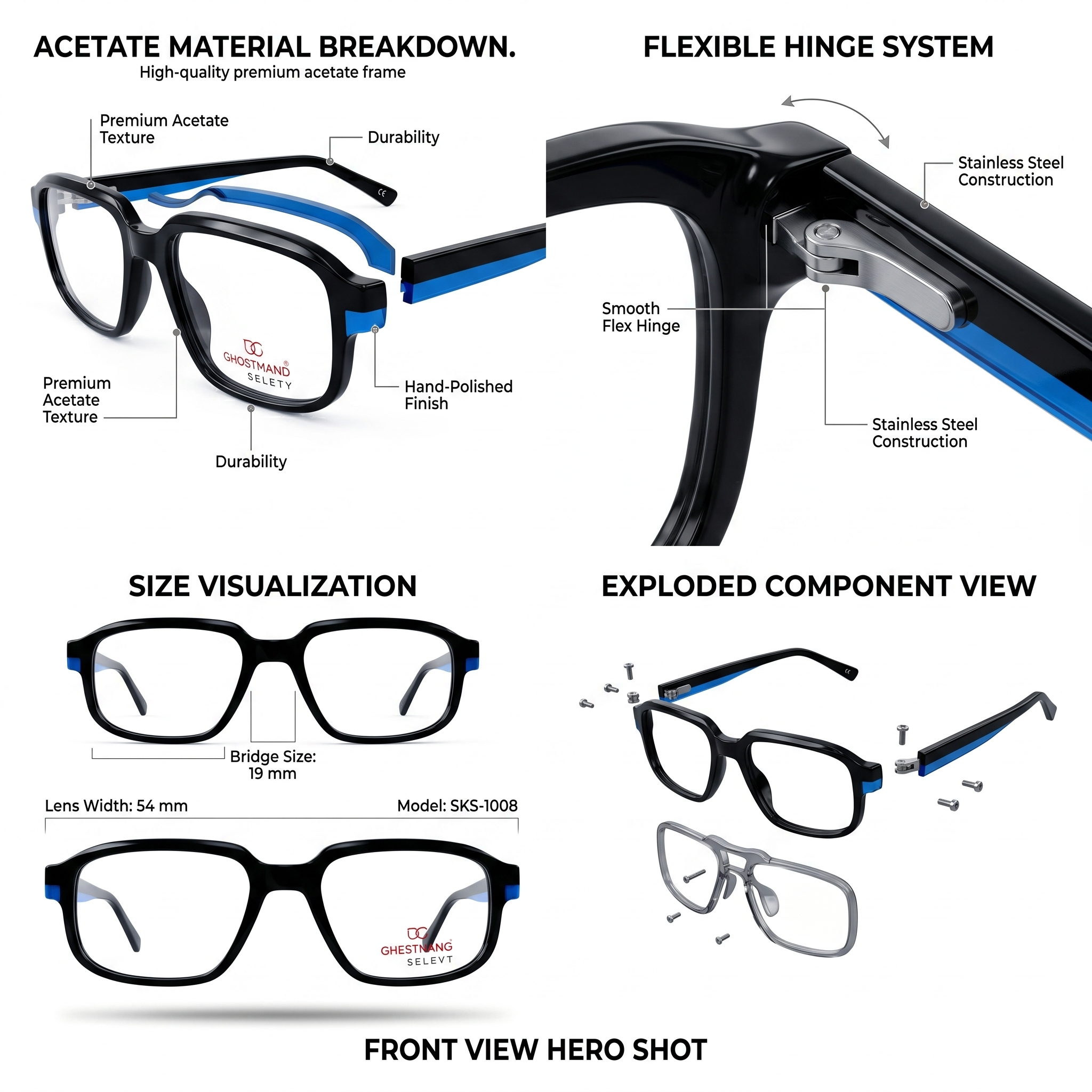 skechers sks 1008 sport ready rectangle eyeglasses – solid black acetate with electric blue racing stripe (size: 54 19)