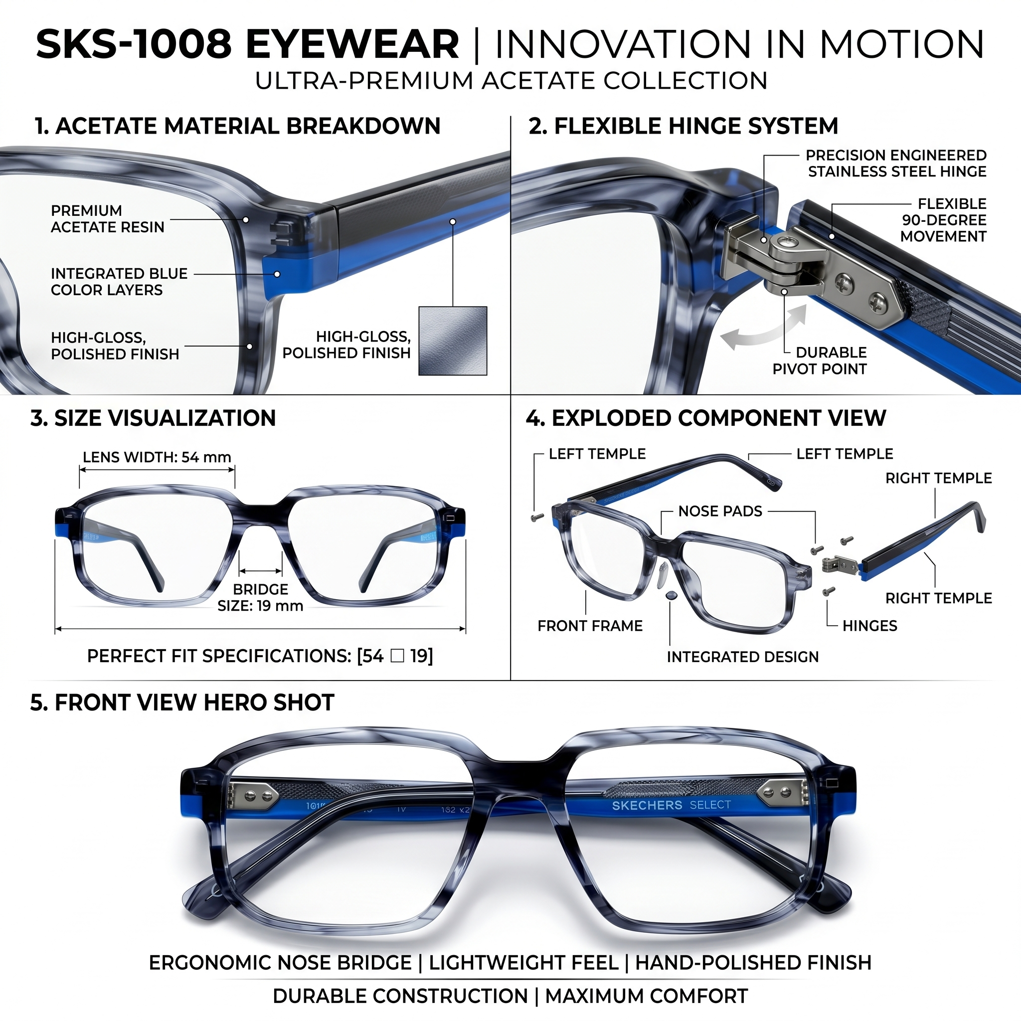 Skechers SKS 1008 Classic Rectangle Eyeglasses – High-Gloss Jet Black with Matte Slate Accents (Size: 54-19) - Image 2