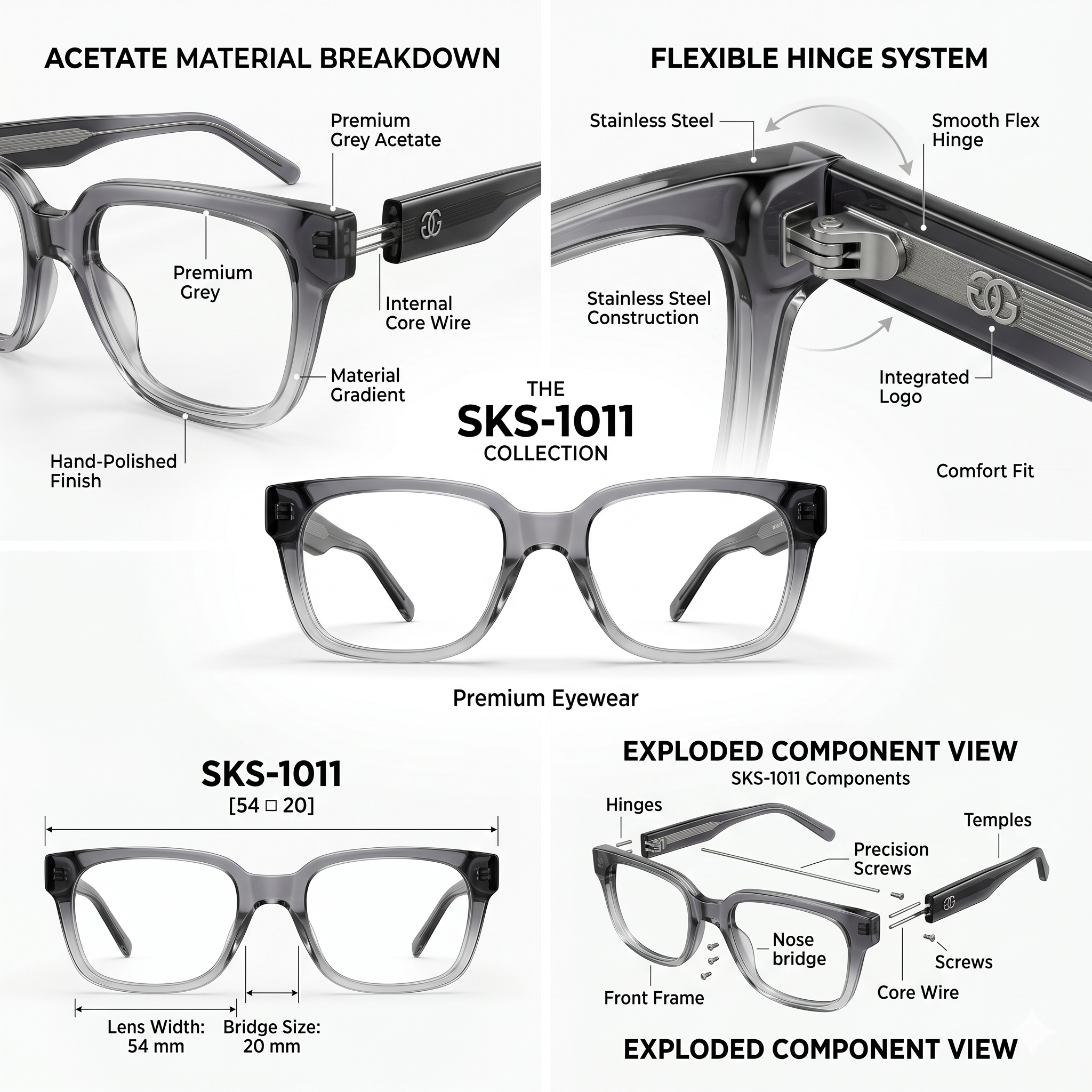 skechers sks 1011 luxury square eyeglasses – translucent charcoal acetate with visible wire core temples (size: 54 20)