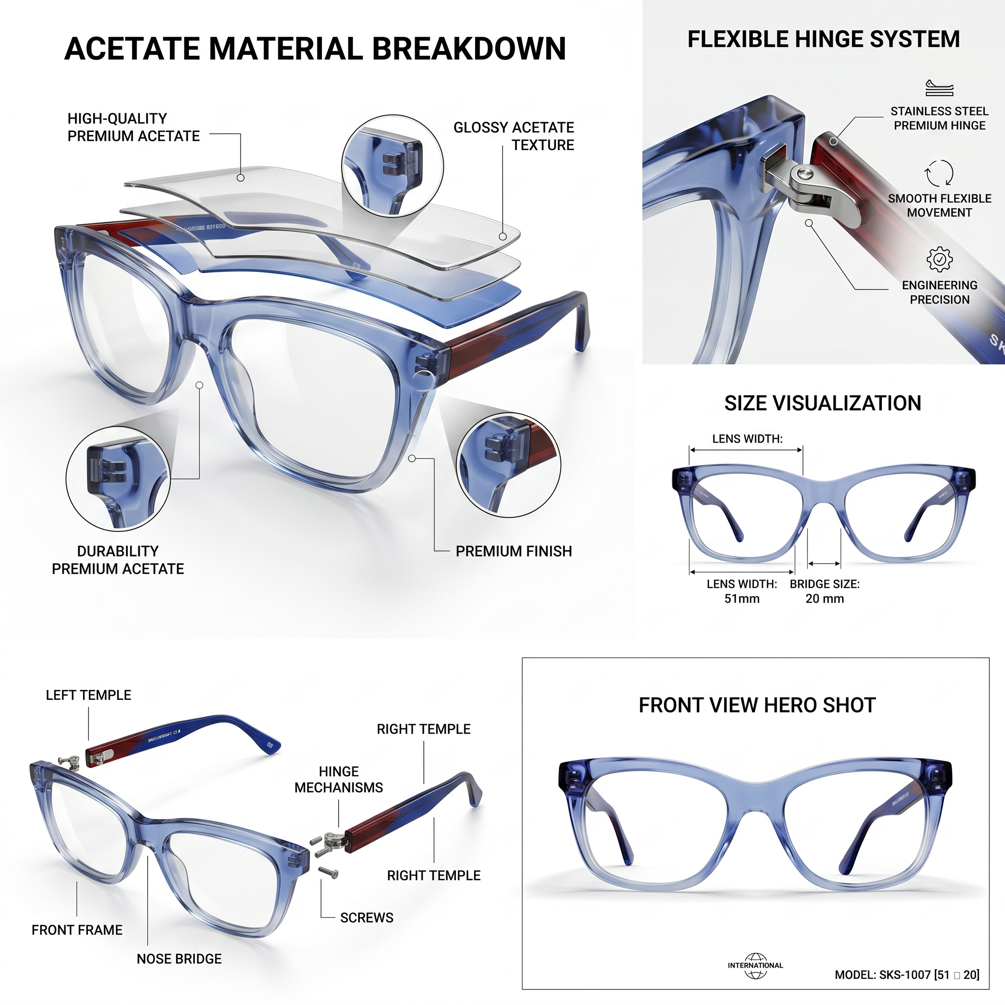 Skechers SKS 1007 Designer Cat-Eye Eyeglasses – Crystal Blue Acetate Frames with Two-Tone Temples (Size: 51-20) - Image 3