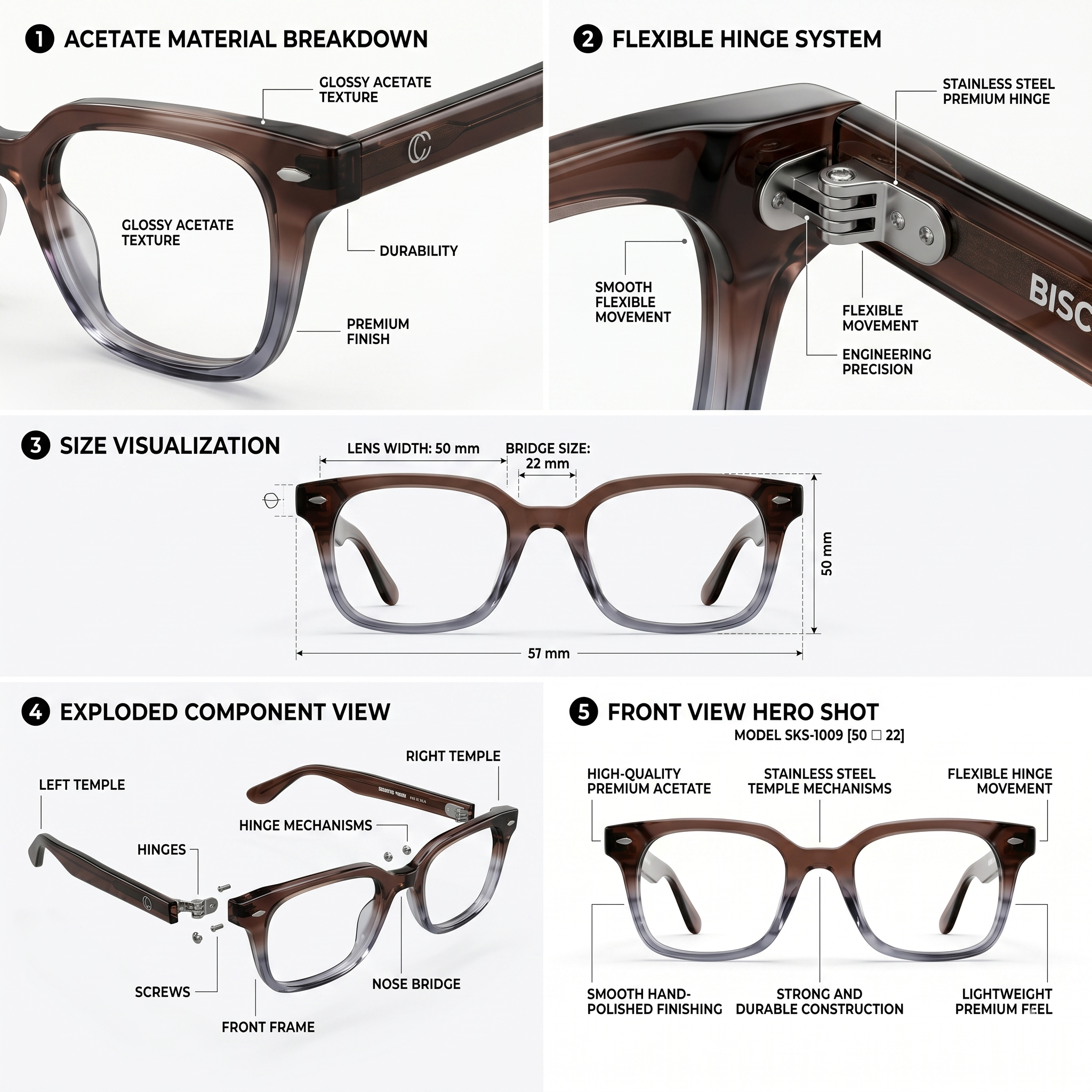 skechers sks 1009 premium square eyeglasses – gradient acetate frames for men & women (size: 50 22)