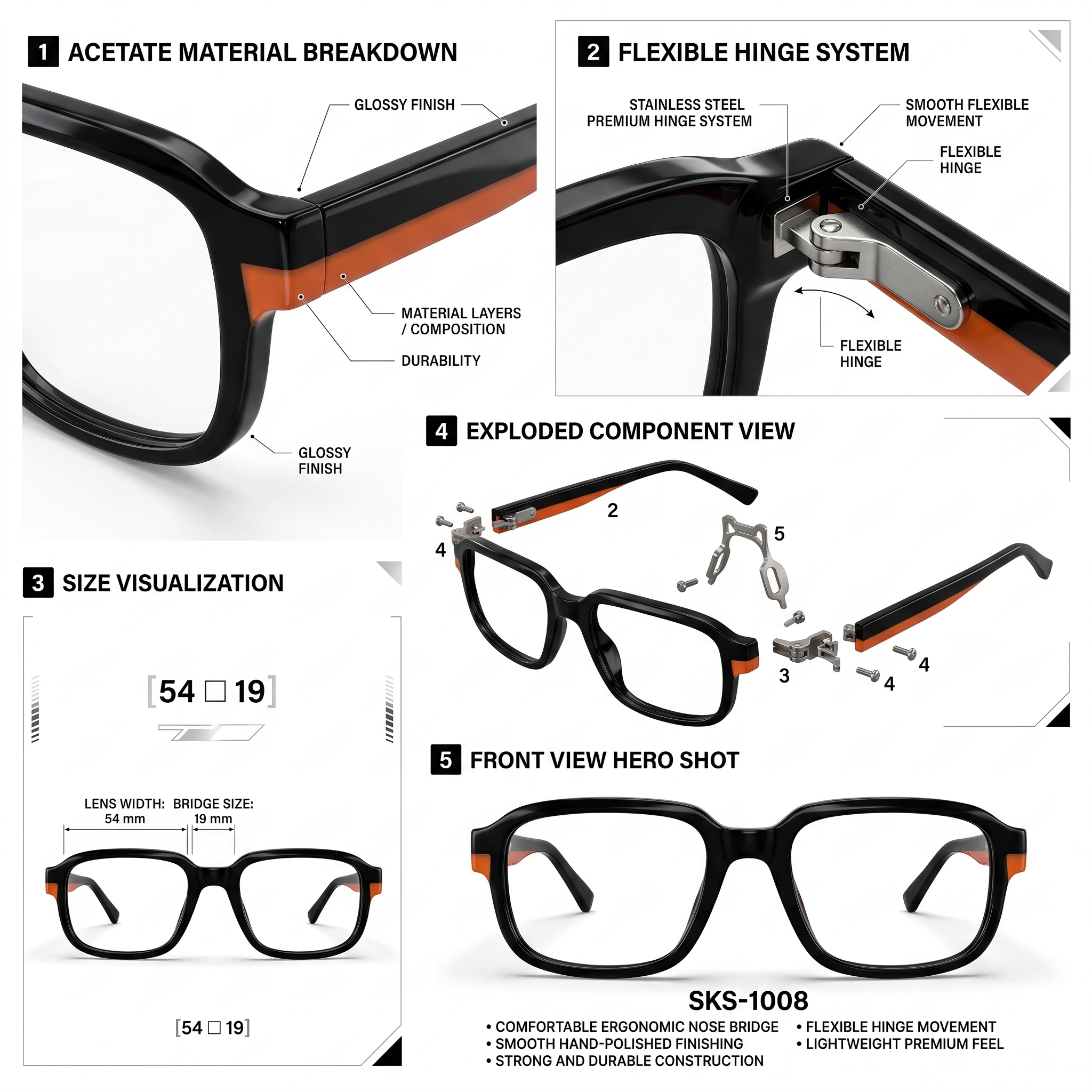 skechers sks 1008 sport ready rectangle eyeglasses – solid black acetate with vibrant orange racing stripe (size: 54 19)