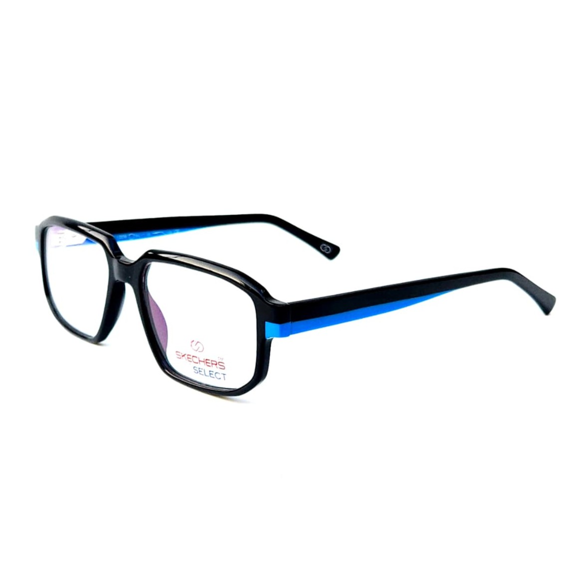 Skechers SKS 1008 Sport-Ready Rectangle Eyeglasses – Solid Black Acetate with Electric Blue Racing Stripe (Size: 54-19)