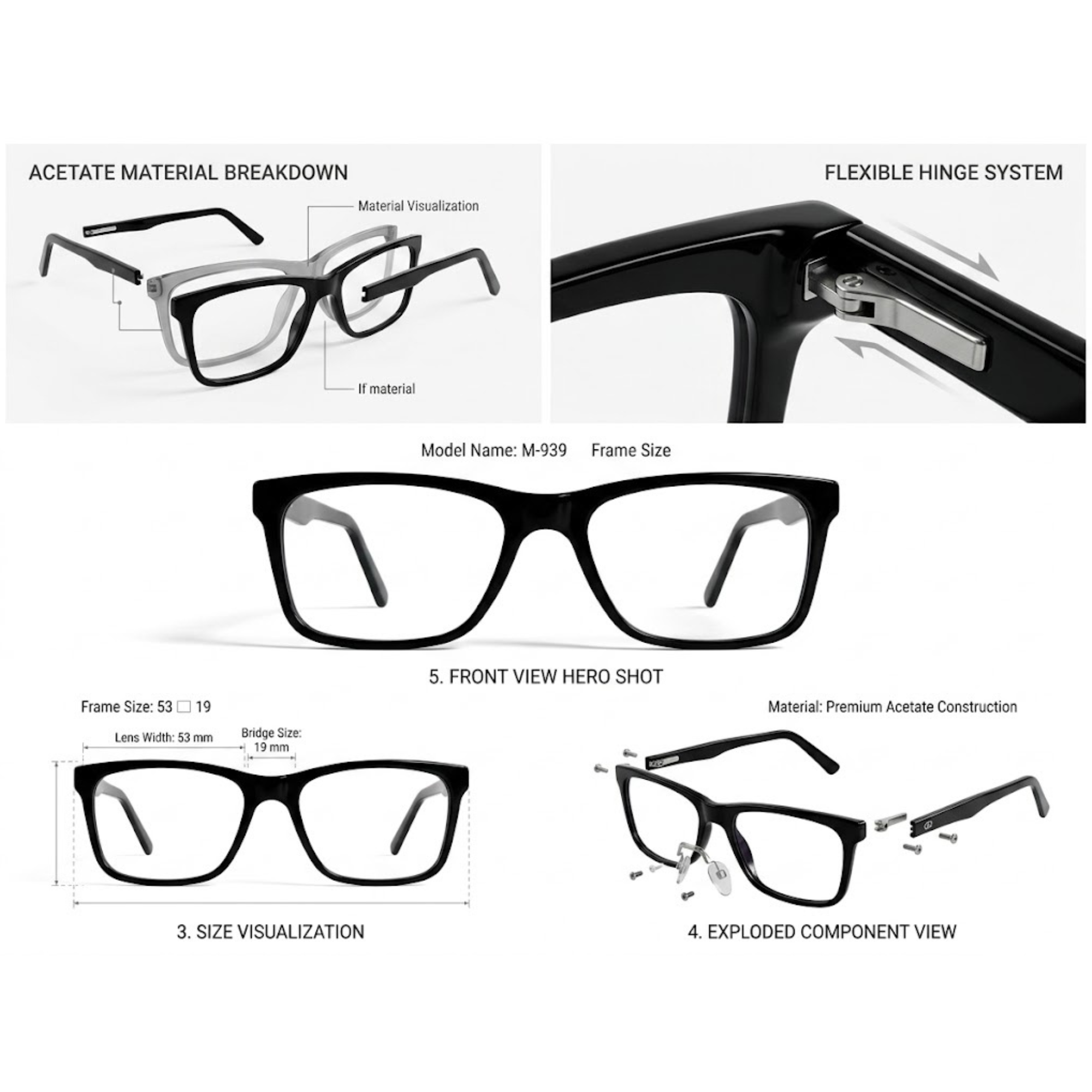 Square Acetate Eyeglasses Frame M-939 53-19 with Flexible Spring Hinges | Premium Full Rim Optical Frame - Image 6